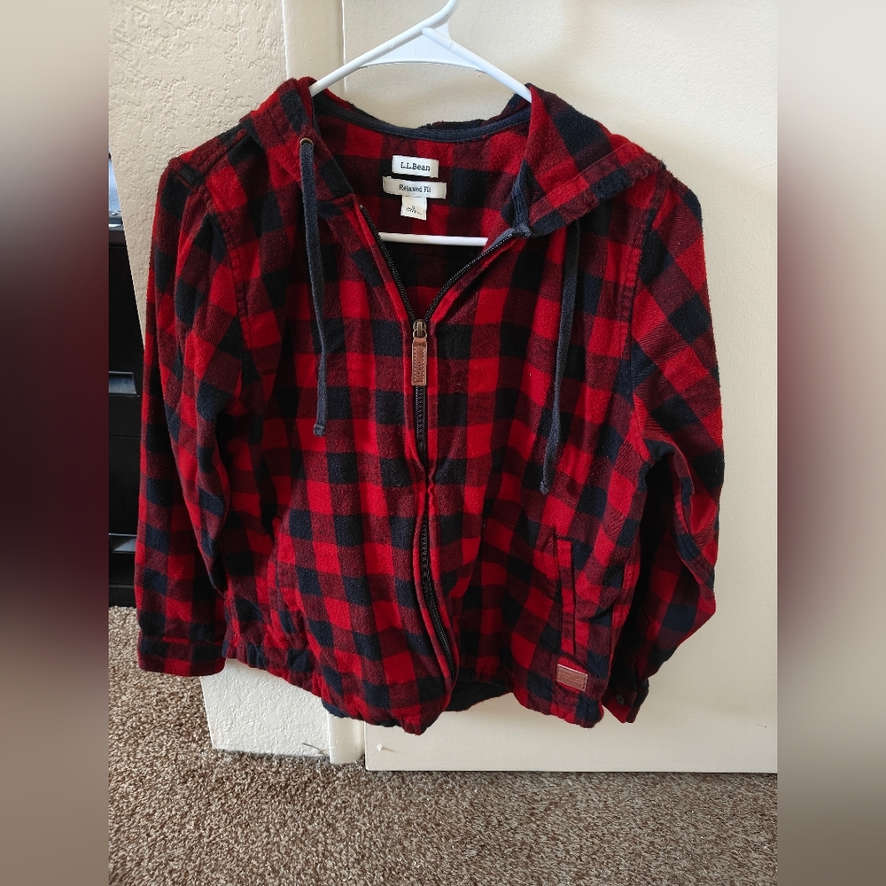 L.L. Bean Red & Black Buffalo Plaid Flannel Zip Hoodie - Women's Petite Small